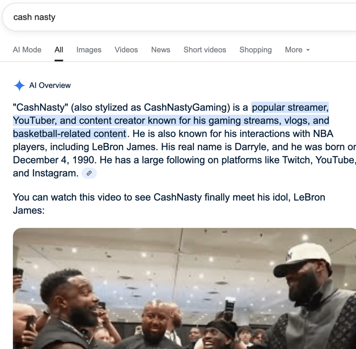 Screenshot of cash nasty Google search