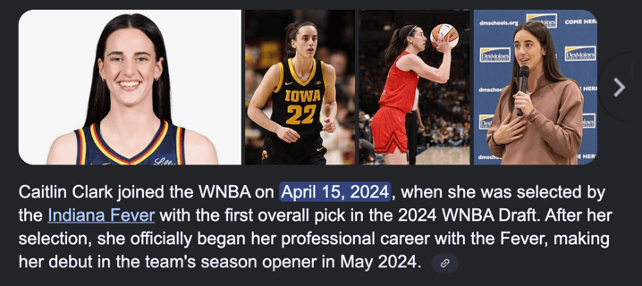 Screenshot of Caitlin Clark Google search result