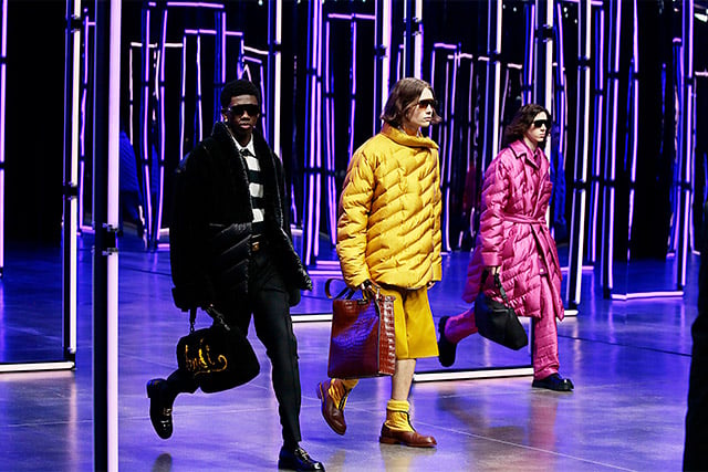 Three men walk in the Fendi Fall 2021 Menswear digital fashion show. 