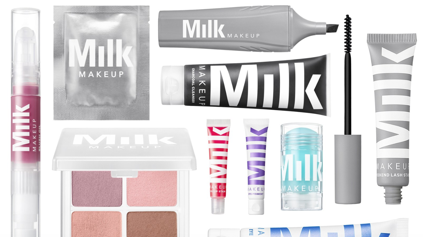 Milk makeup products are displayed against a white background.