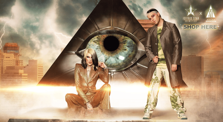 YouTubers Jeffree Star and Shane Dawson pose in a Jeffree Star Cosmetics advertisement for the Jeffree x Shane Conspiracy Collection.