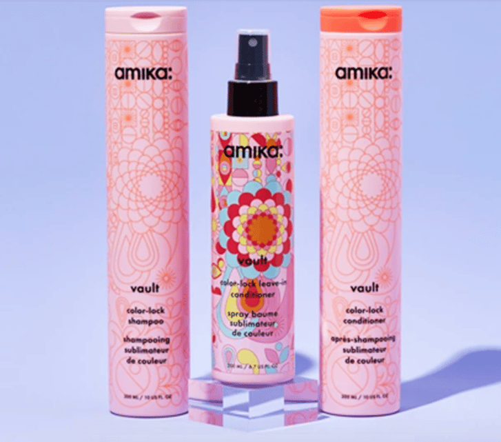 A promotional image featuring a trio of offerings from Amika’s colorful, Instagram-friendly product range.