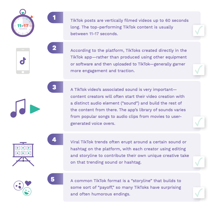 A checklist with quick tips for creating TikTok content that is more likely to become viral.