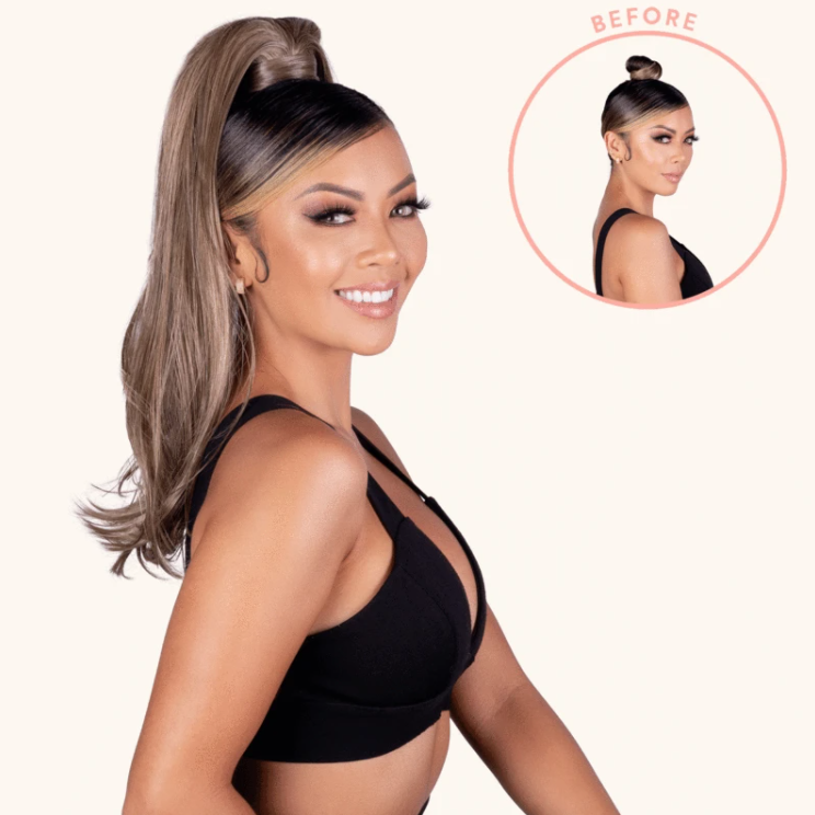 An advertisement for Insert Name Here’s “Liane” ponytail featuring social media star and product collaborator Liane V modeling the hair piece.