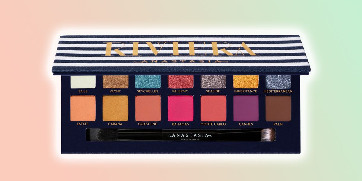 Anastasia Beverly Hills’ Riviera Eyeshadow Palette against a colorful background. 