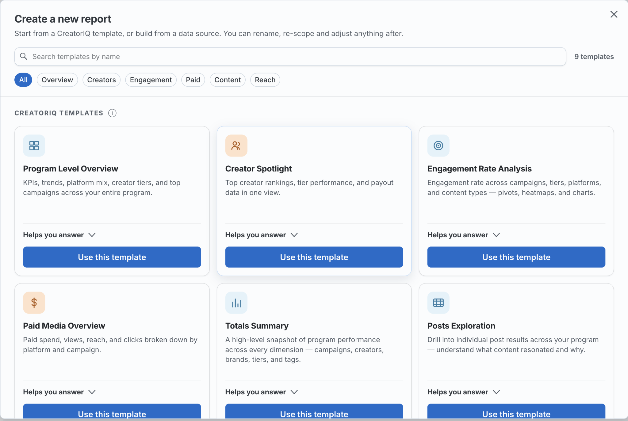 MeasureIQ report templates for program overview, creator spotlight, engagement analysis, and paid media