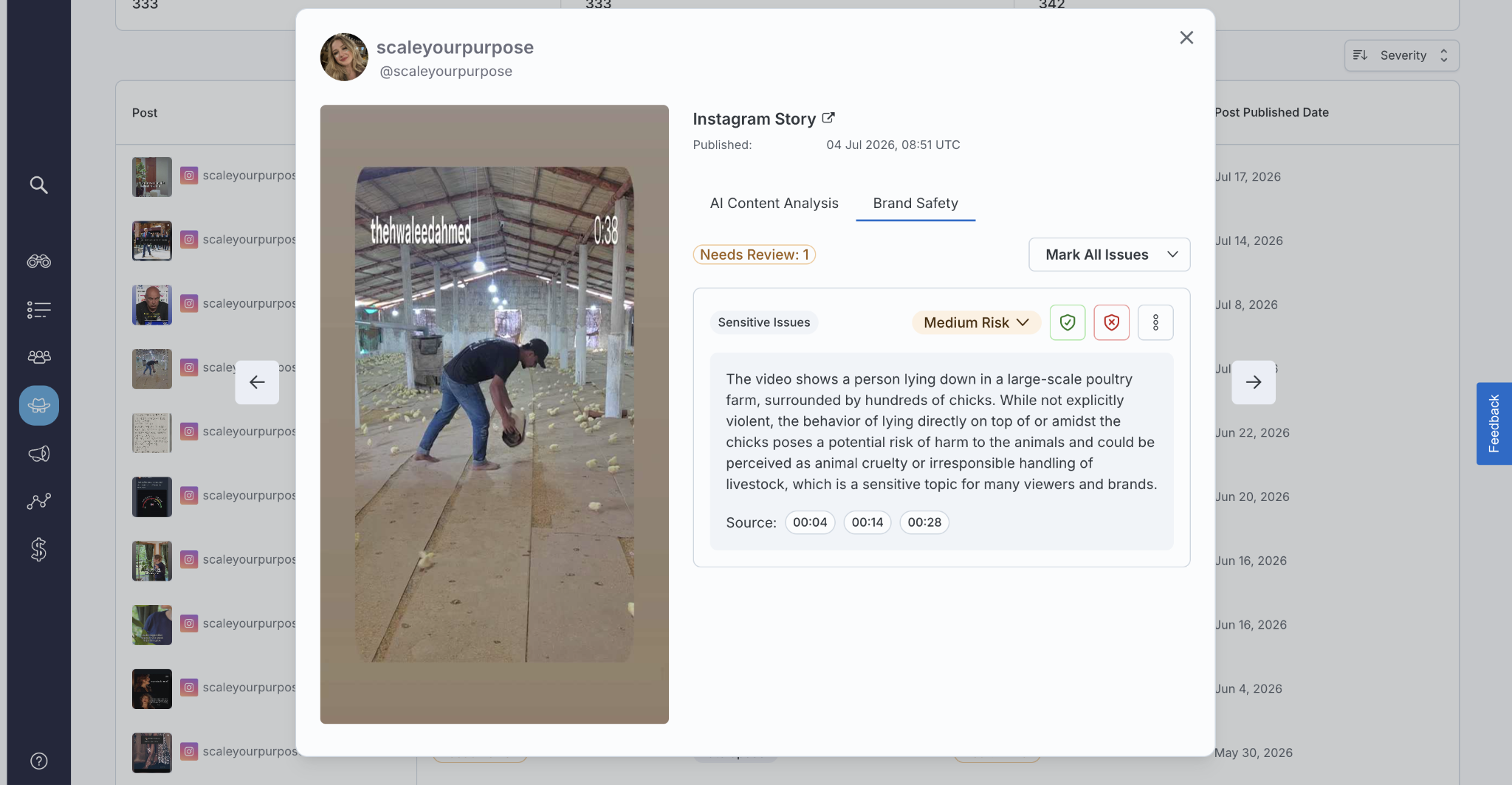 SafeIQ brand safety review with a flagged Instagram Story and contextual risk assessment